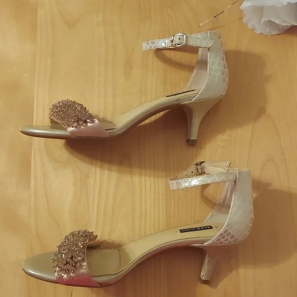 Alex Marie Champagne Beaded Animal Print Leather Ankle Strap Heels Size 6.5 - Picture 7 of 16